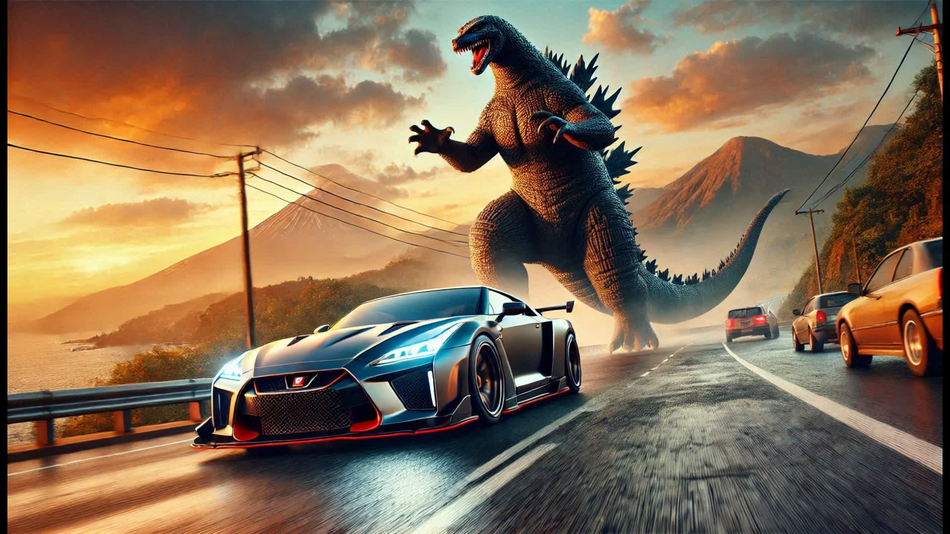 GODZILLA CHASING CARS